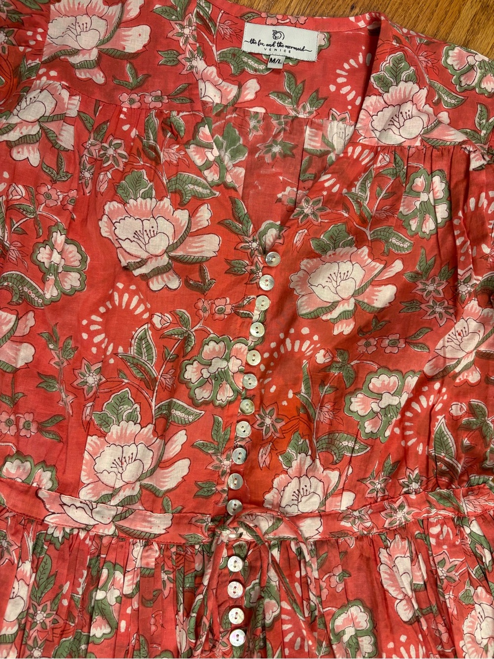 The Fox &the Mermaid Venice Floral Boho Midi Dress coral cotton peasant prairie - Picture 7 of 13